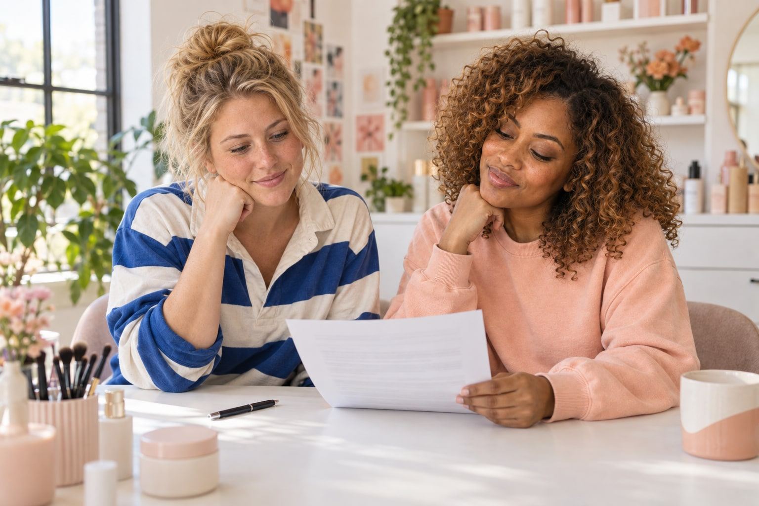 Reading side by side, two women share printed pages at a beauty studio table.