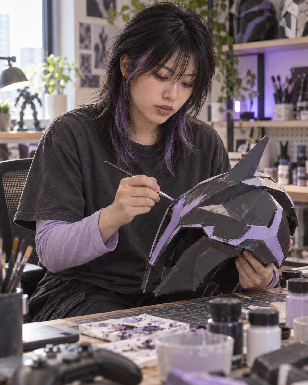 Purple lighting falls on a craft desk where a woman paints a geometric helmet.