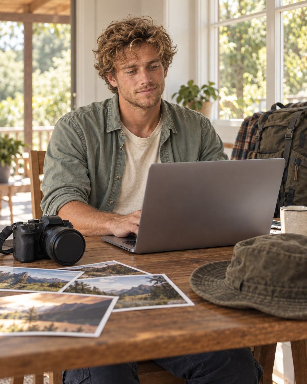 A man editing photos at a window, landscape prints and travel gear around him.
