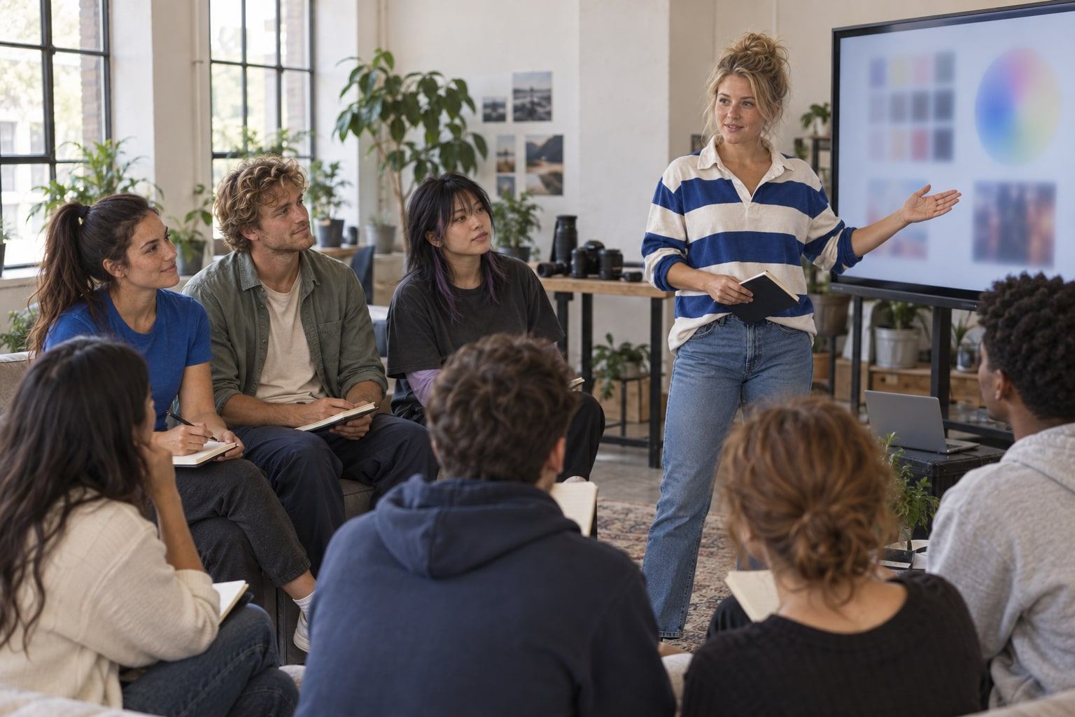 A woman presenting blurred charts to seated people who listen with notebooks.