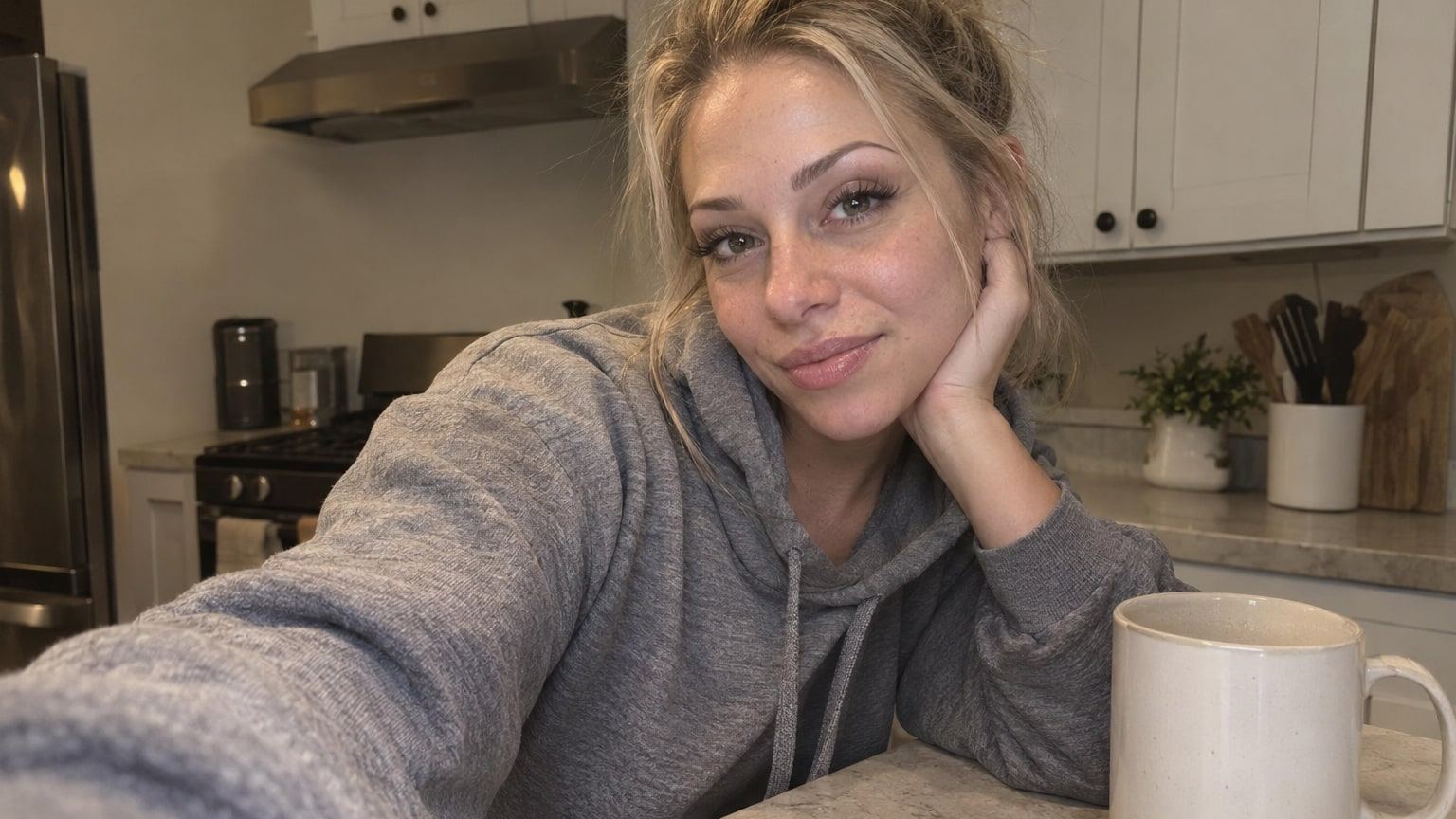 Woman with a blonde messy bun and grey hoodie takes a selfie in her kitchen.