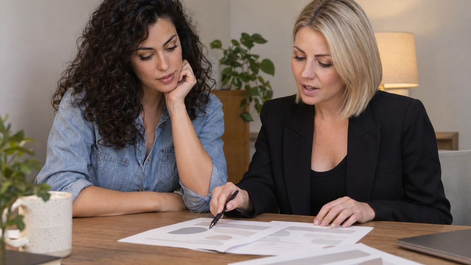 Two women review a printed plan together at a table with laptops.