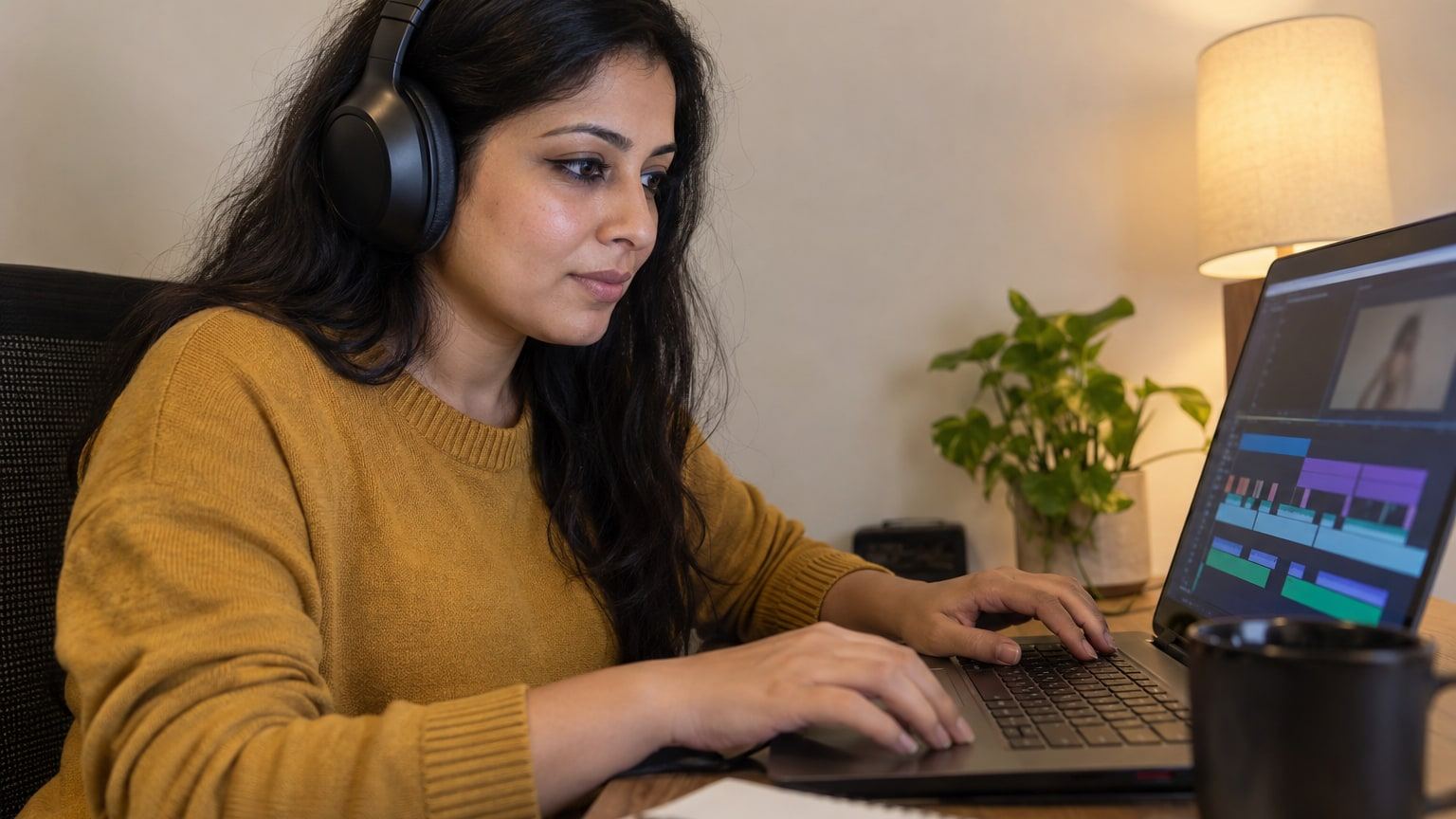 Woman wearing headphones edits a video clip on her laptop at a desk.