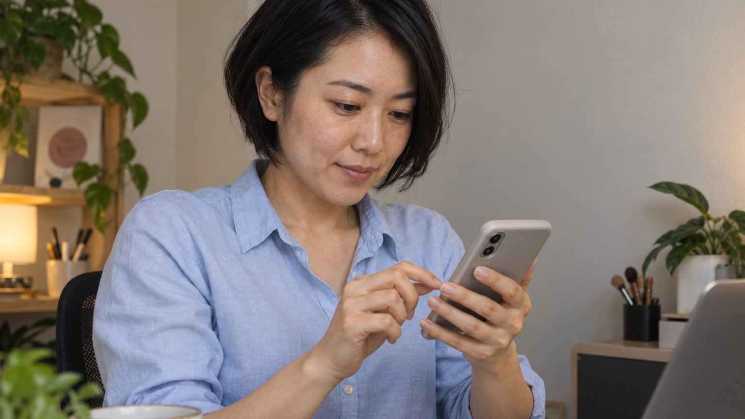Woman with short black hair types a code into her phone at a desk.