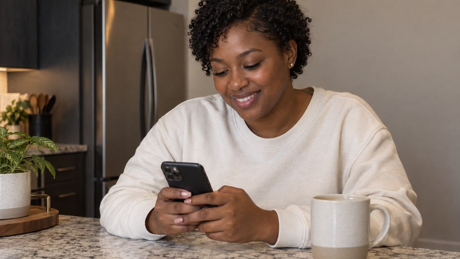 Woman with short natural curls smiles at her phone at a kitchen island.