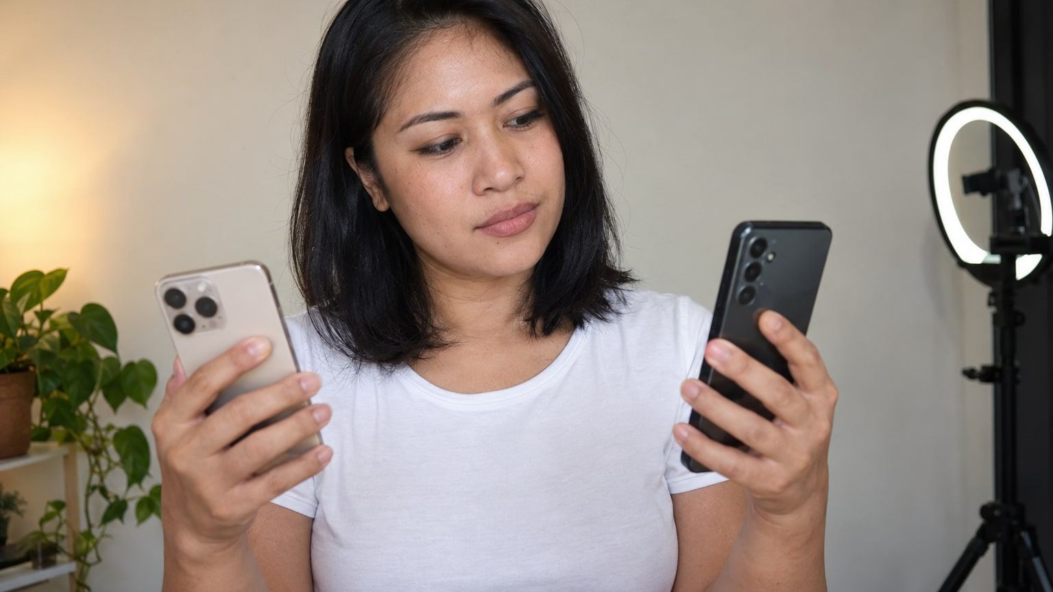 Woman with shoulder-length black hair compares two smartphones held side by side.