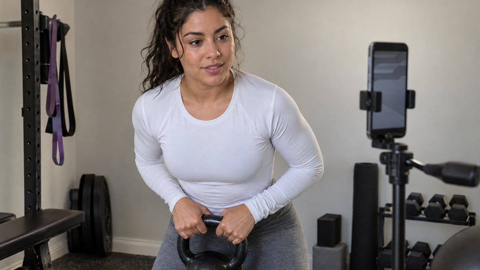 Athletic woman in a white top films a kettlebell exercise on a phone tripod.