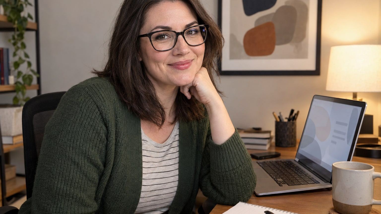 Smiling woman with dark hair and black-rimmed glasses sits at a home office desk.