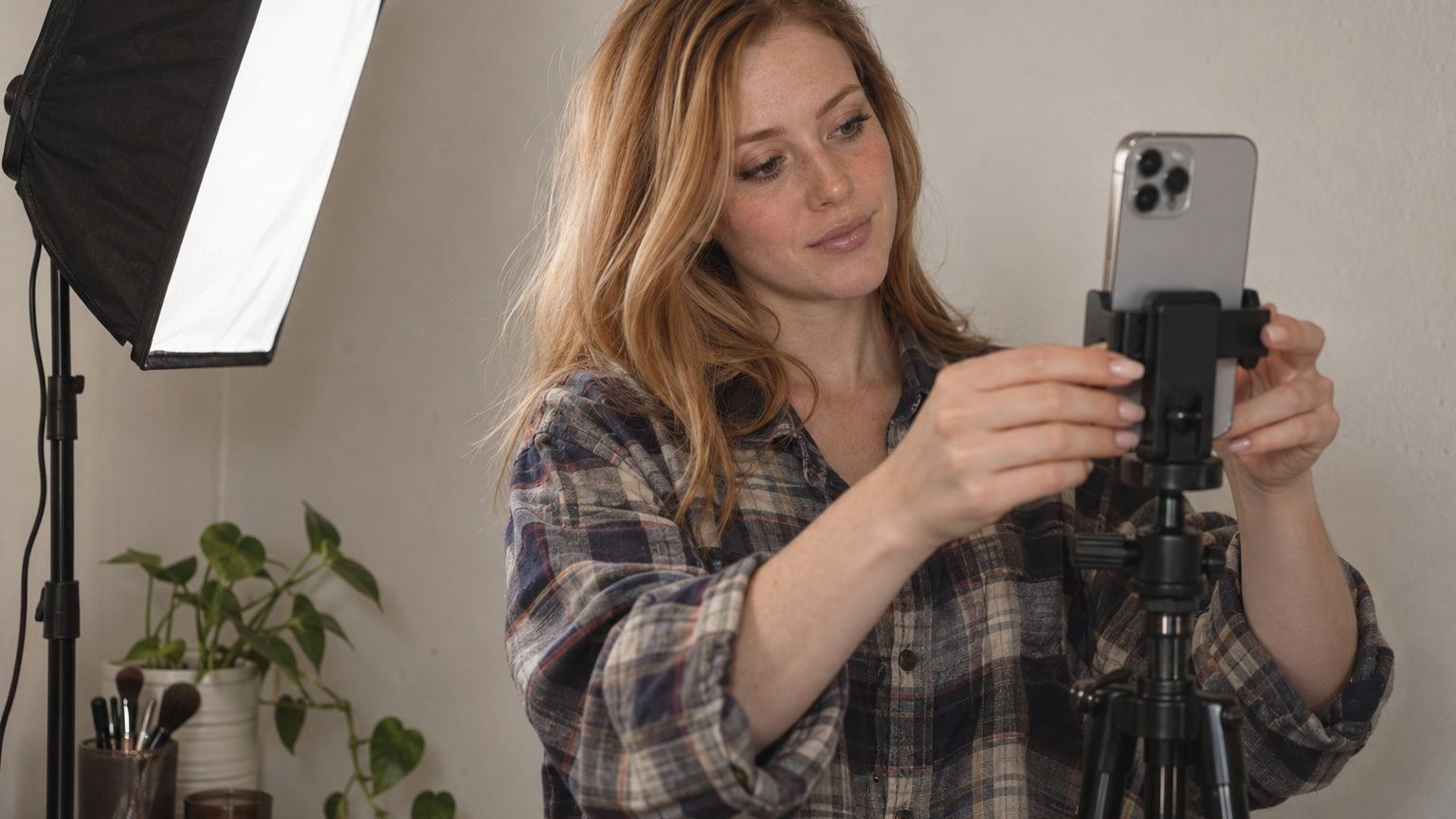Woman with strawberry blonde hair clips her phone into a tripod beside a softbox light.