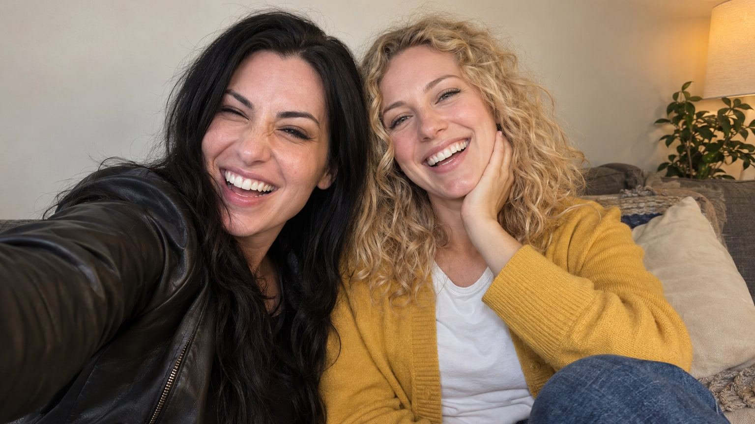Two friends, one with black hair and one with blonde curls, share a selfie.