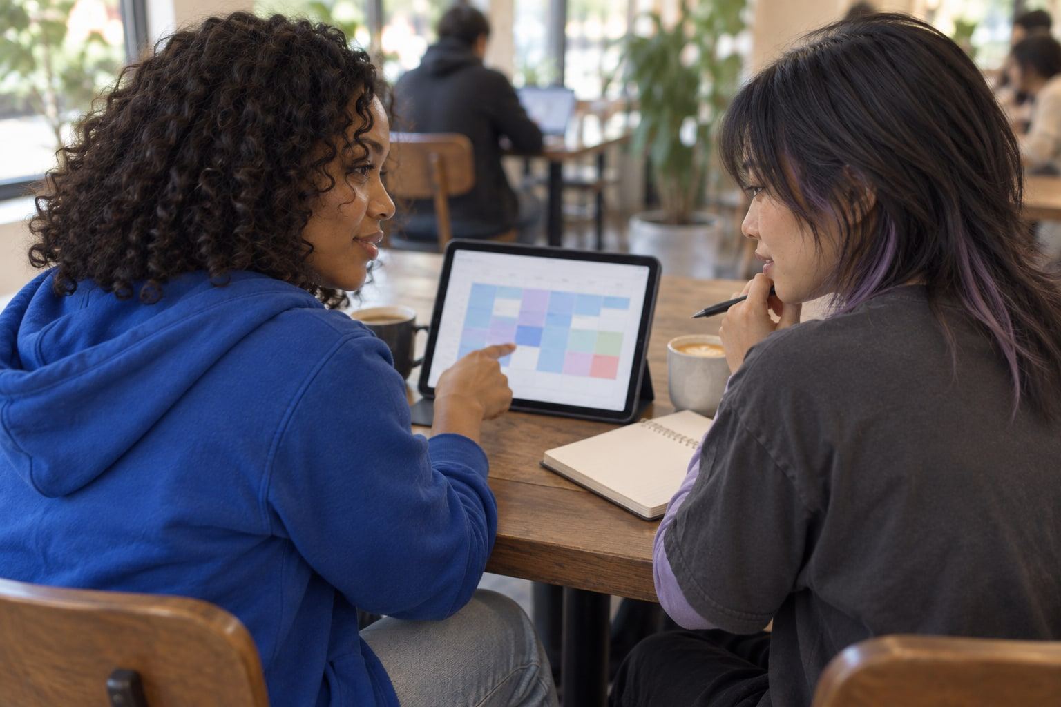 Two women going through something on a tablet, with coffee cups on the café table.