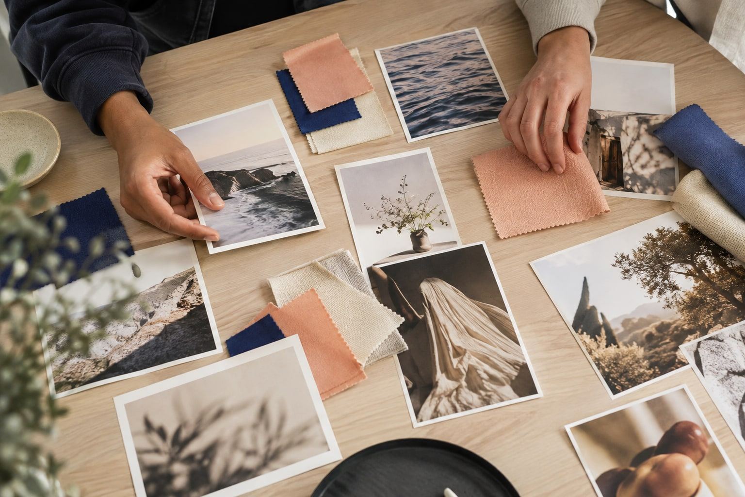 Photo prints and fabric swatches being arranged by hand across a pale wooden table.
