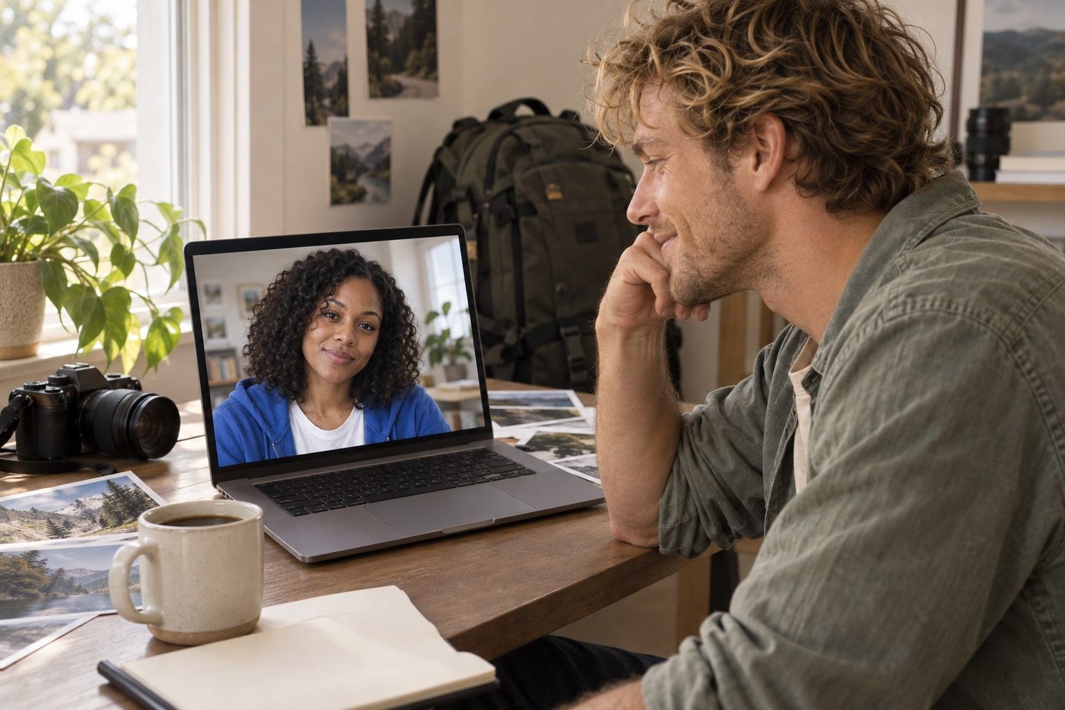 A man speaking on a laptop video call from a well-lit desk at home.