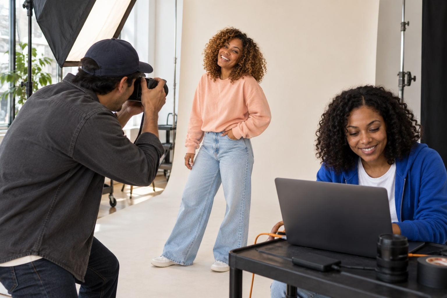 Two people handling camera equipment while a woman stands laughing against a backdrop.