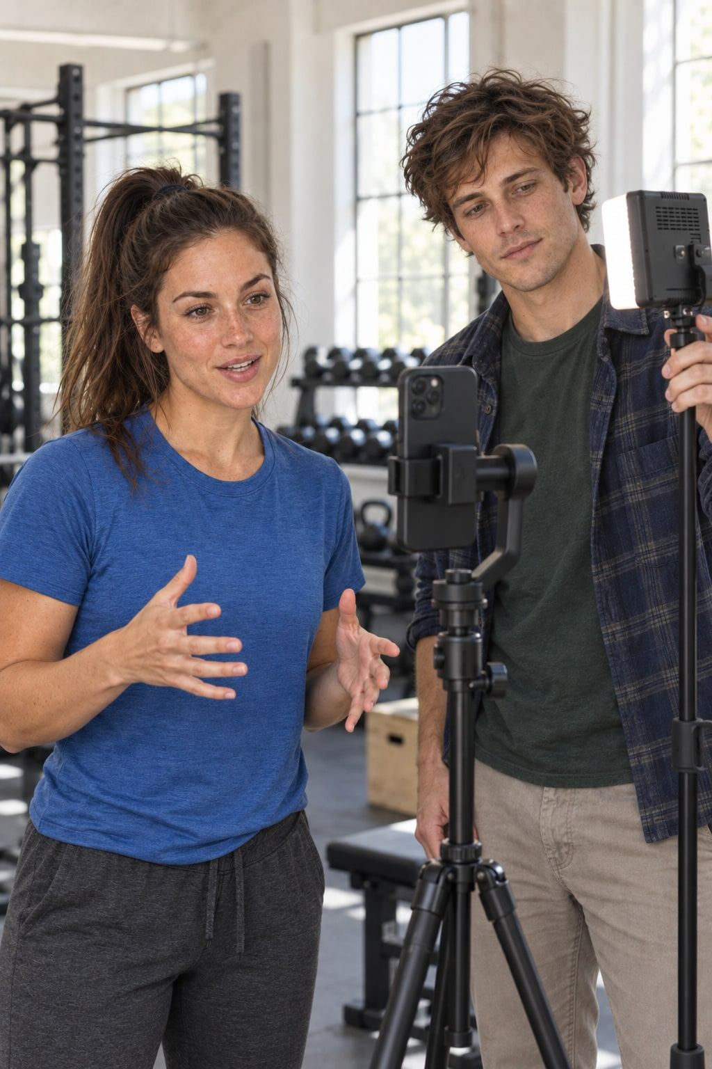 With a phone and a portable light, two people record a video in a gym.