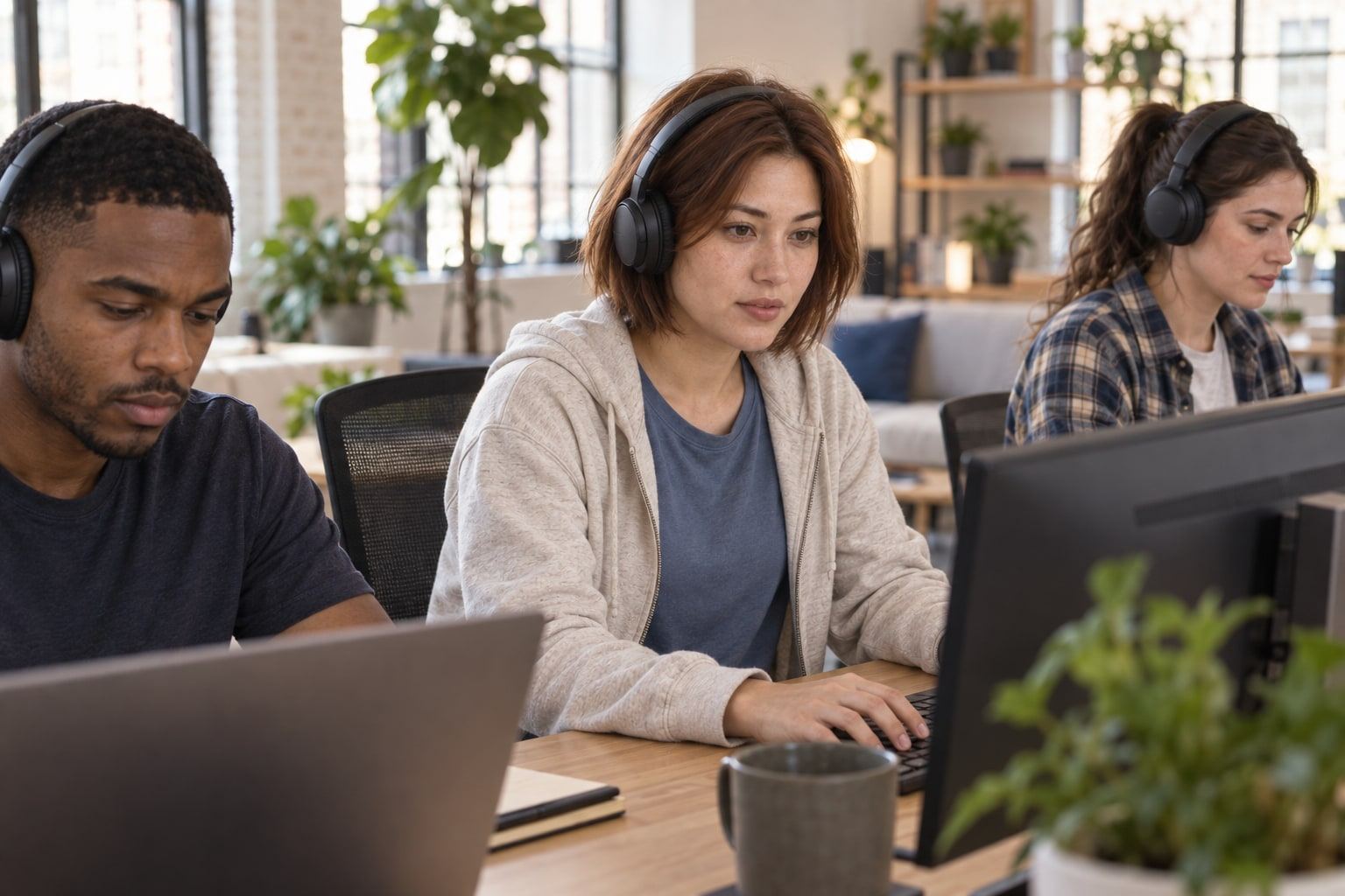 A bright office where three people in headphones sit working at tidy desks.