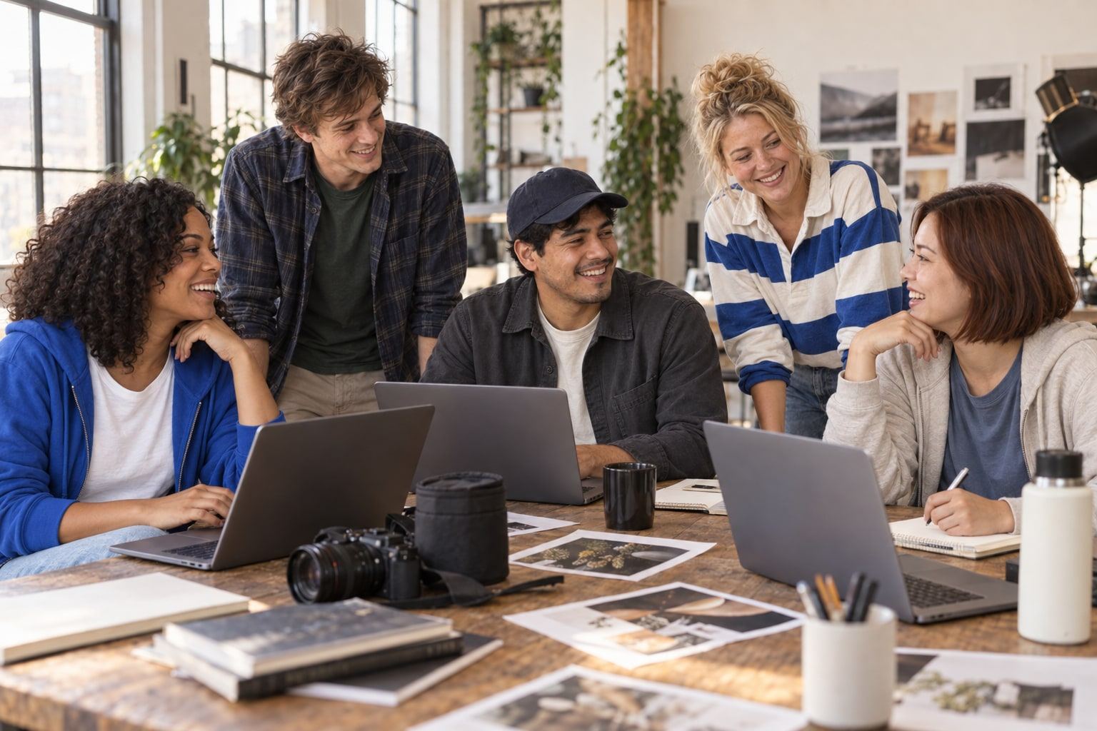 Five people laughing in a sunny loft, with laptops and photo prints spread around them.